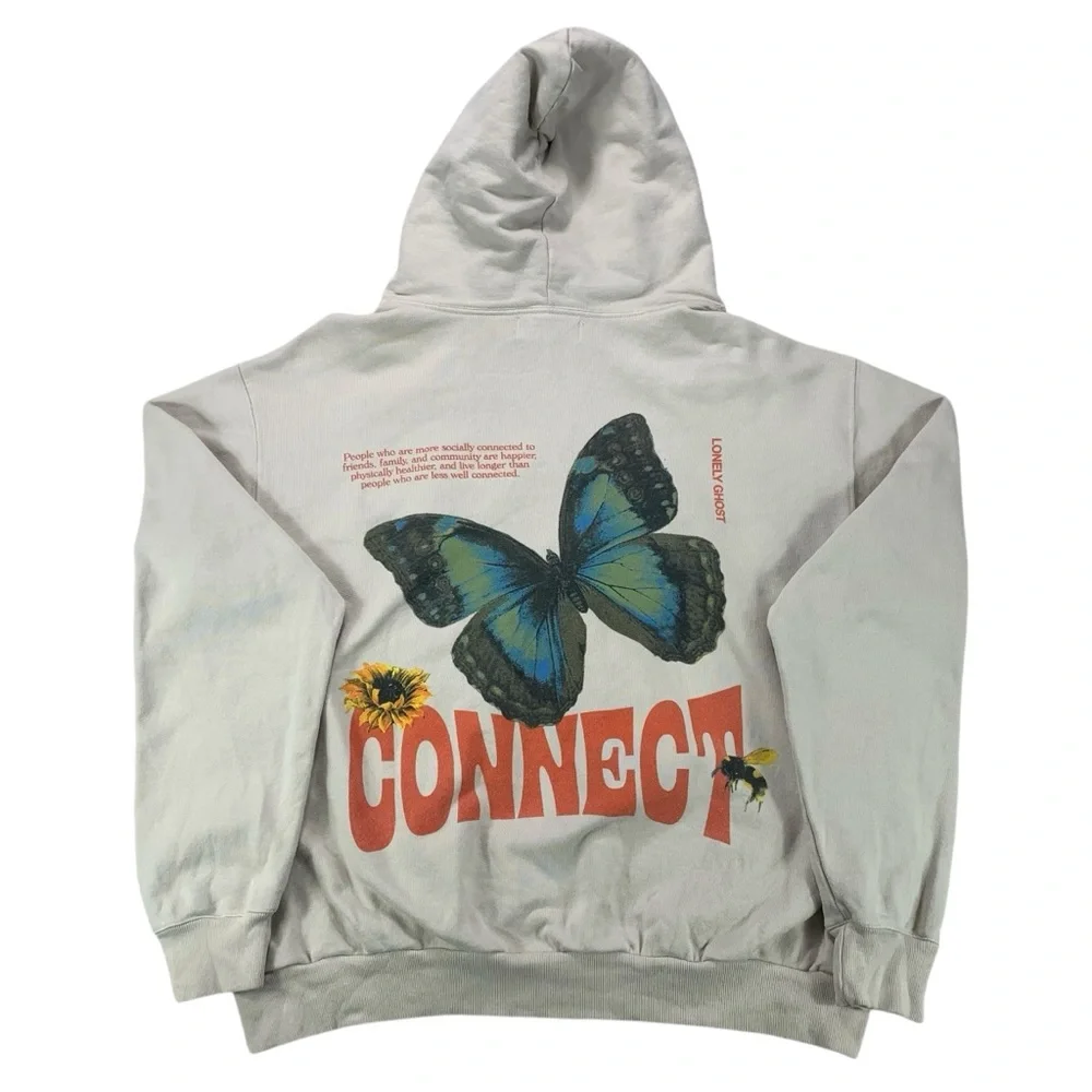 Lonely Ghost Size Small Connect‎ Graphic Hoodie Oversized Beige Butterfly